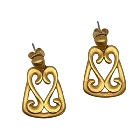 Vintage Anne Klein Satin Gold Tone Dangle Drop Heart Scroll Pierced Earrings - Picture 1 of 4